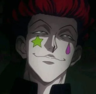 😈 5deb01bd Hisoka Hunter x Hunter anime, character, villain, clown, red hair, star, tear whatsapp sticker