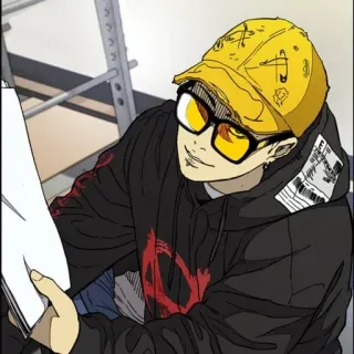 🌩 6c465657 卡通, 动漫, 角色, 眼镜, 黄色帽子, 连帽衫 telegram sticker