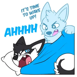 ⏰ f0009ebc IT'S TIME TO WAKE UP! AHHHH หมาป่า, สุนัข, ตื่น, การ์ตูน, สัตว์, นาฬิกาปลุก whatsapp sticker