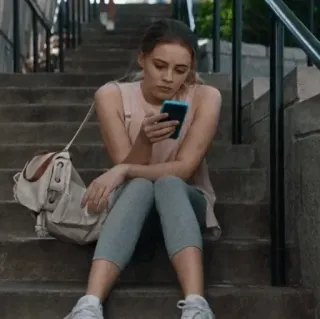 📚 4d33312c женщина, лестница, телефон, молодой человек, сидит, рюкзак whatsapp sticker