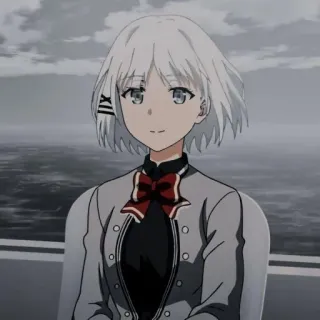 ✨ 502458f4 Anime meisje, Kort haar, Rode strik, Grijze blazer, Anime personage telegram sticker