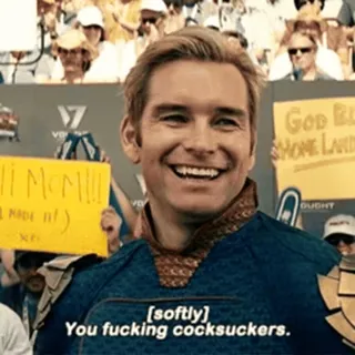 🌝 e3084426 Homelander The Boys You fucking cocksuckers. Homelander, The Boys, superhéroe, villano, lenguaje ofensivo, serie de TV telegram sticker