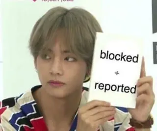 🔴 97747409 blocked + reported meme, bloqueado, denunciado, kpop, V, sarcasmo telegram sticker