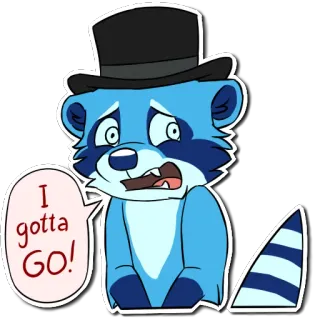 😫 017ba58f I gotta GO! raccoon, cartoon, top hat, anxious, blue, animal, furry whatsapp sticker