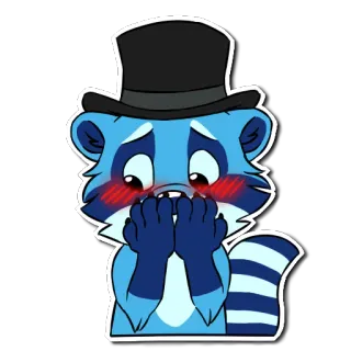 😖 780a9b8d raccoon, cartoon, blue, blush, shy, hat, cute whatsapp sticker