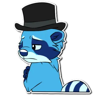 😔 bc0b5148 cartoon, sad, raccoon, top hat, blue, animal whatsapp sticker