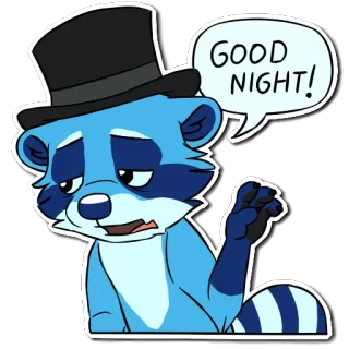 😴 fe1b3af3 GOOD NIGHT! raccoon, good night, sleepy, top hat, animal, cartoon whatsapp sticker