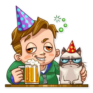 🎉 d04eef7e Grumpy Cat chat, grincheux, anniversaire, fête, bière, alcool, célébration, dessin animé whatsapp sticker
