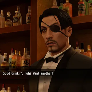 ๐คต 55bb6741 Goro Majima Yakuza Good drinkin', huh? Want another? mafioso, bar, drink, eye patch, suit telegram sticker