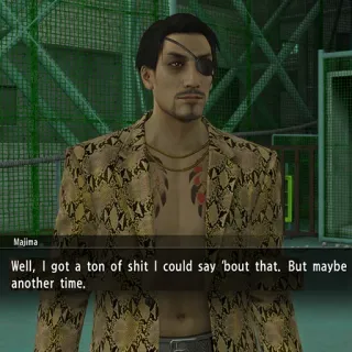 ๐ f8a9c7c3 Majima Well, I got a ton of shit I could say 'bout that. But maybe another time. yakuza, character, one-eyed, video game telegram sticker