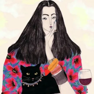 😶 17b68130 女性, 猫, ワイン, ポートレート, ファッション, スタイル telegram sticker