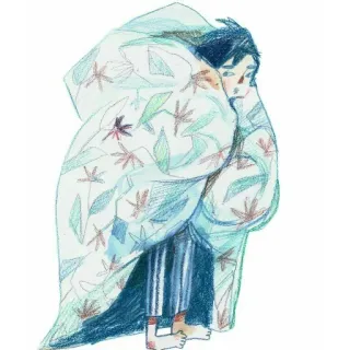 ❄ 8eb164b2 悲しい, 毛布, イラスト, 絵, 少年, 居心地の良い, 一人 telegram sticker