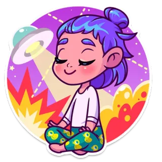 👽 6d3d7b9c méditation, alien, ovni, dessin animé, fille, cheveux violets, paisible, zen whatsapp sticker