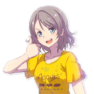 👍 4cd05f0c Aqours Anime, Dziewczyna, Kciuk w górę, Idol, Żółta koszulka telegram sticker