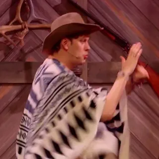 🤫 805bb483 pria, koboi, topi, dalam ruangan, menunjuk telegram sticker