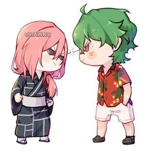 😠 bb690926 ©HAWKS 애니메이션, 귀여운, 치비, 캐릭터, 아트, 핑크 머리, 초록 머리, 하와이안 셔츠 telegram sticker