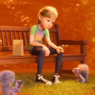 ☠️ aa78731b Riley Inside Out Traurigkeit, animiert, Mädchen, Bank, Eichhörnchen, Park telegram sticker