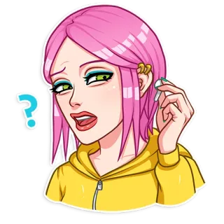 😑 3ae5b7a4 ผู้หญิง, คำถาม, ผมสีชมพู, หูฟัง, สับสน, ผู้หญิง telegram sticker