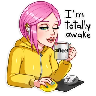 ☕️ a781351e I'm totally awake กาแฟ, เช้า, ตื่น, เหนื่อย, การ์ตูน, ผู้หญิง, มะนาว telegram sticker