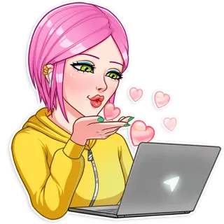 😘 d7f90b8e ผู้หญิง, ผมสีชมพู, หัวใจ, จูบ, คอมพิวเตอร์, แล็ปท็อป, น่ารัก telegram sticker