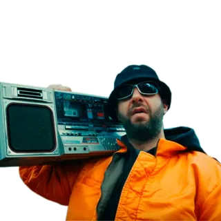 😎 2062e586 hombre, boombox, sombrero, gafas de sol, chaqueta naranja, música whatsapp sticker