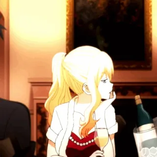 🌙 82735615 anime, cabelo loiro, mulher, vinho, festa telegram sticker