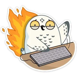 🔥 104636c2 búho, escribiendo, teclado, ardiendo, estresado, dibujos animados, animal, llamas telegram sticker