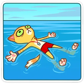 ☺️ d27237e9 Katze, schwebend, Wasser, Rettungsschwimmer, Cartoon, lustig, Meer, Ozean telegram sticker