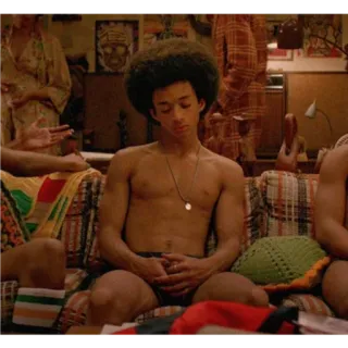 🙂 44143bff uomo, a torso nudo, retrò, acconciatura, interno, seduto, divano, anni '70 telegram sticker