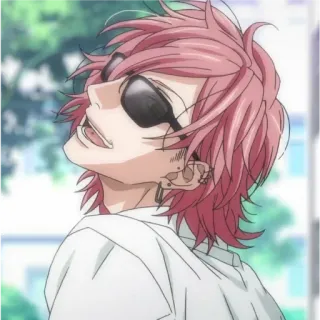 😏 dea8045e animé, cheveux roses, lunettes de soleil, boucles d'oreilles, homme, personnage whatsapp sticker