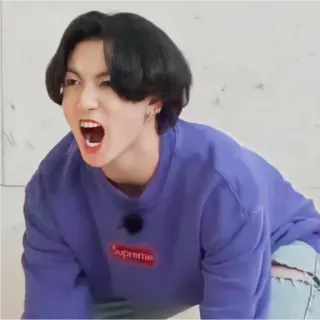 🙂 63aa7dfa Jungkook คน, ผู้ชาย, เสื้อสเวตเตอร์สีม่วง, ตะโกน, กรีดร้อง, ไอดอล K-pop whatsapp sticker