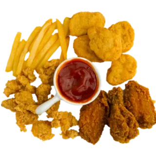 😗 6d767ead อาหาร, อาหารจานด่วน, เฟรนช์ฟรายส์, ไก่, นักเก็ต, ซอสมะเขือเทศ telegram sticker