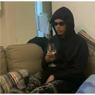 😭 27853276 Pessoa, Moletom com capuz, Óculos, Sofá, Vinho, Interior telegram sticker