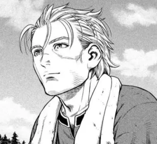 😇 e92d5451 Mann, blonde Haare, Porträt, Anime-Stil, Narbe, Handtuch, wegsehen telegram sticker