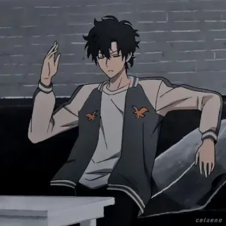 🚅 e4214c29 anime, cartoon, mann, sitzen, jacke, charakter telegram sticker