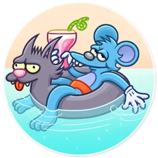 😎 8d8b68d4 การ์ตูน, สัตว์, แมว, หนู, สระว่ายน้ำ, ฤดูร้อน, พักผ่อน, เครื่องดื่ม telegram sticker