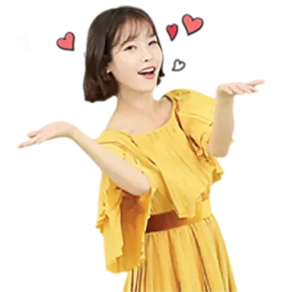 😘 8786d63f woman, yellow dress, hearts, smiling, pose, joyful, cheerful whatsapp sticker