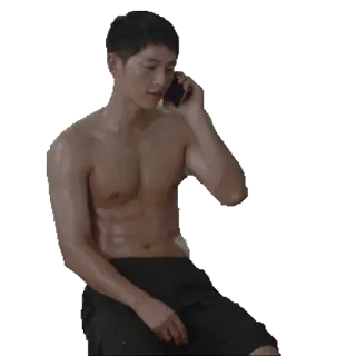 📞 9560db17 man, shirtless, phone, talking, sweaty, Korean telegram sticker