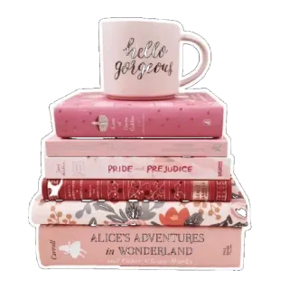 📚 48233f86 hello gorgeous 책, 더미, 분홍색, 안녕 예뻐요, 머그, 문학, 독서, 여성스러운 telegram sticker