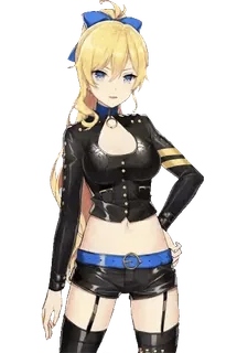 🐸 35fe091b anime meisje, blond haar, blauwe ogen, leren outfit, dijhoge laarzen, cartoon telegram sticker