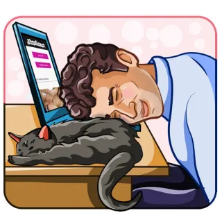 💻 e9b9ee30 người đàn ông, mèo, máy tính, ngủ, mệt mỏi, bàn làm việc, văn phòng telegram sticker
