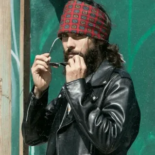 ✖️ 5388844c uomo, giubbotto di pelle, occhiali da sole, fascia per capelli, barba, casual telegram sticker