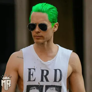 ⚜️ e86980e4 ERD jared leto, uomo, capelli verdi, erd, occhiali da aviatore, canottiera telegram sticker