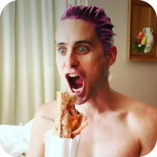🍽 54618745 Jared Leto คน, คนดัง, นักแสดง, กิน, แซนวิช, ผมสีม่วง telegram sticker
