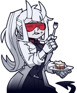 😚 5785e092 helltaker, аниме, девушка, демон, торт, десерт, вилка, видеоигра telegram sticker