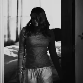 🕊 9b3d3323 woman, bedroom, indoors, monochrome, portrait telegram sticker