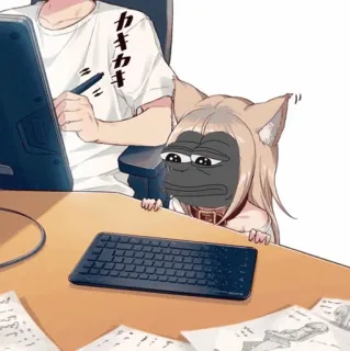 ➖ cef2ec7a Pepe the Frog カカカ 猫耳, アニメ, イラスト, デジタルアート, ペペ, ミーム, キーボード, デスク telegram sticker