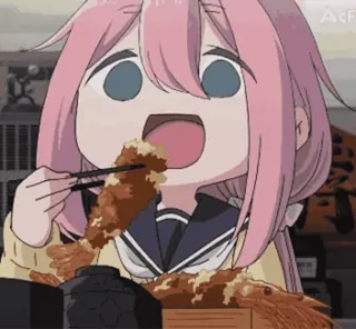 😨 785661e0 Nadeshiko Kagamihara Laid-Back Camp Anime, Manger, Mignon, Nourriture, Joyeux, Dessin animé telegram sticker