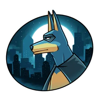 🌃 52c8af00 pies, superbohater, kreskówka, miasto, księżyc, maska, peleryna, doberman telegram sticker
