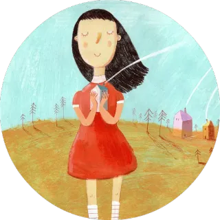 😌 ed01a0c1 niña, niño, ilustración, vestido, casas, árboles, naturaleza whatsapp sticker